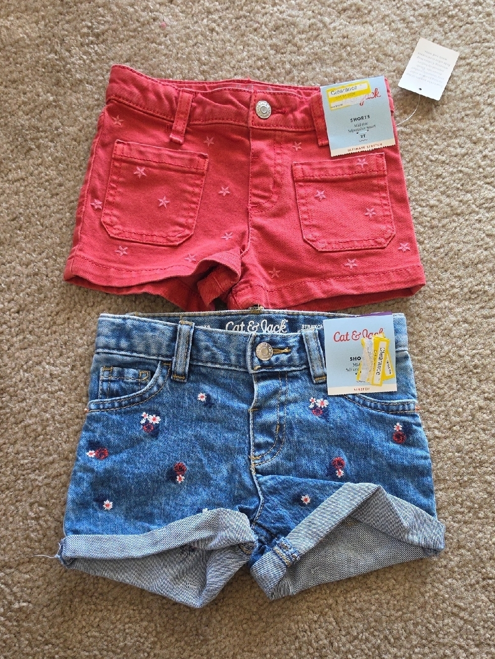Cat & Jack Red Star Embroidered Girls' Shorts + Denim Floral Rolled-Hem Size 2T